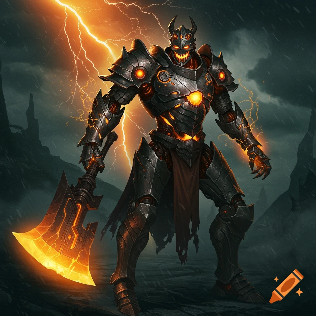 An armored demonic robotic knight with glowing orange eyes and chest, holding a fiery axe, stands under lightning.