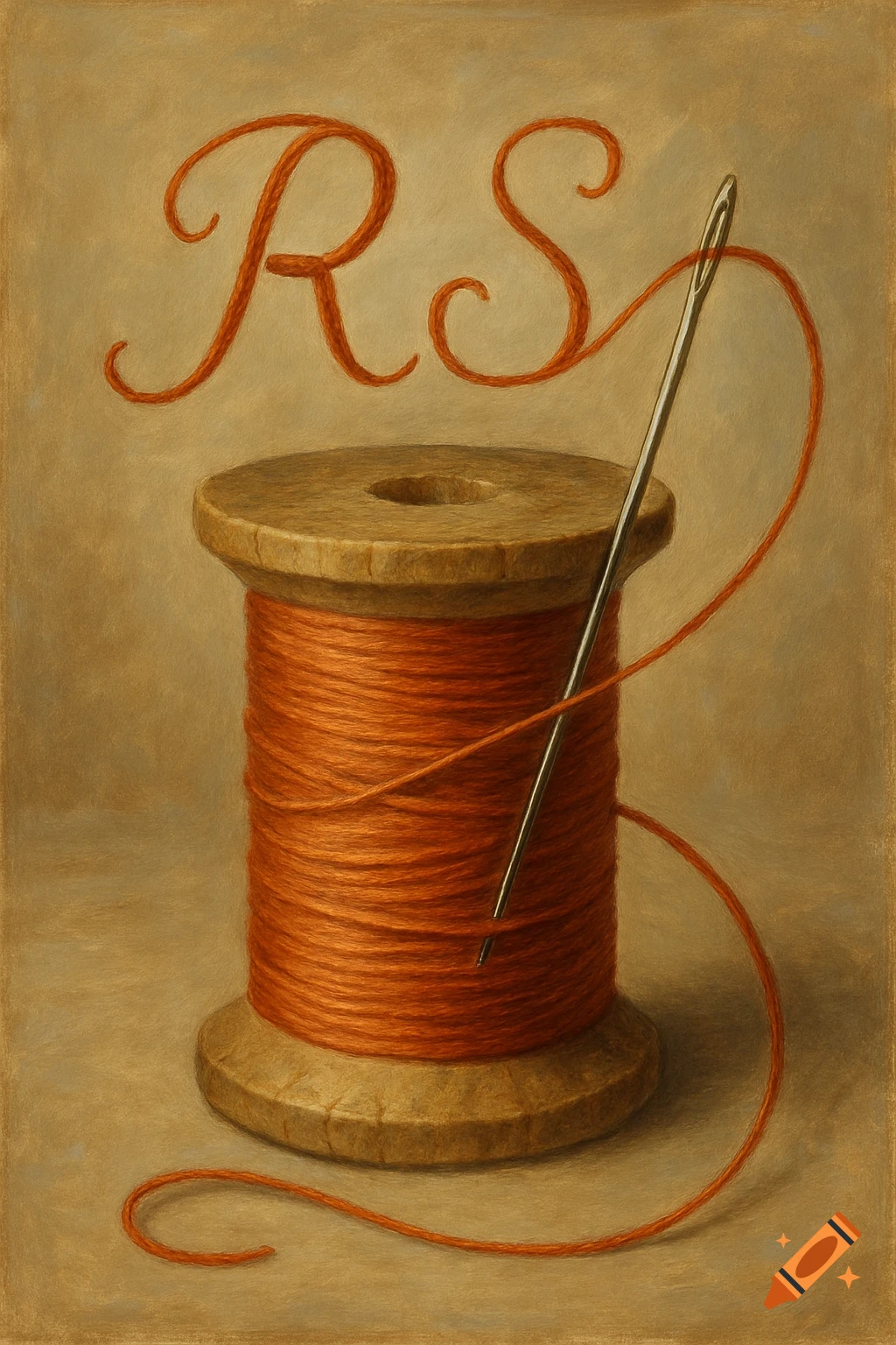 A wooden spool of orange thread with a needle, the thread forming cursive letters 'R' and 'S' above it, in a painterly style.