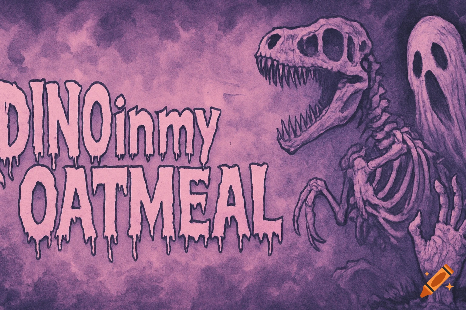 DINOinmyOATMEAL text in dripping font alongside a dinosaur skeleton and ghosts, in a pink and lilac grunge horror style.