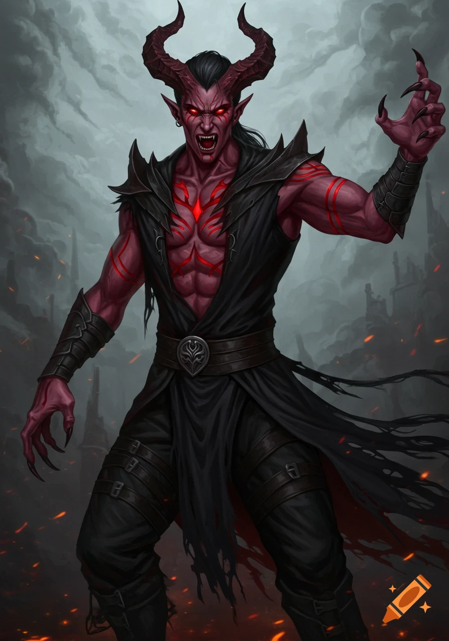 A fierce red-skinned male demon with horns and claws in black robes against a fiery, cloudy sky.