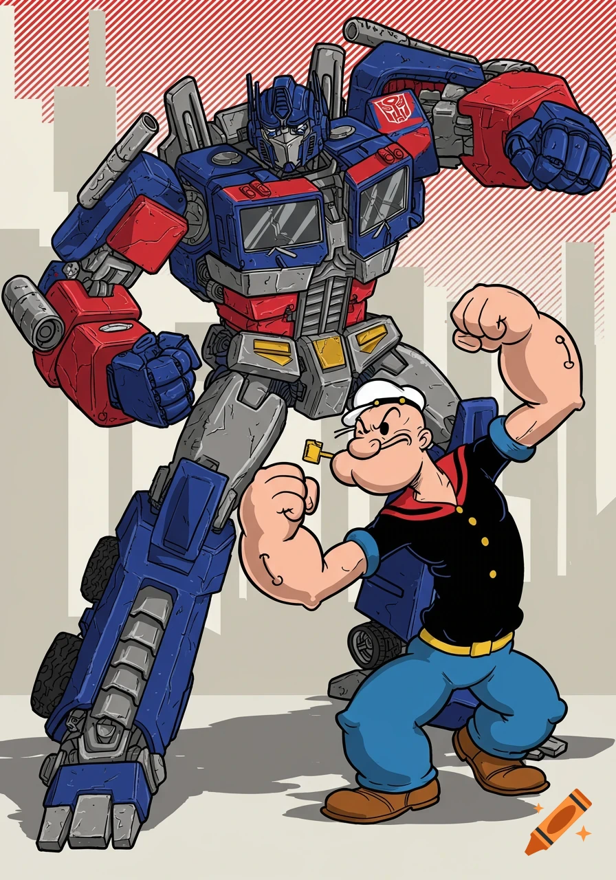 Optimus Prime and Popeye the Sailor Man standing together in a detailed cartoon style, with city silhouettes in the background.