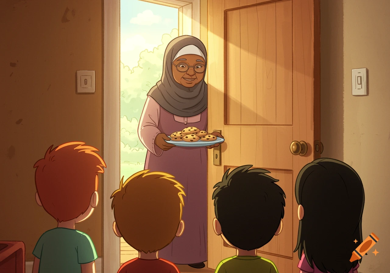A cartoon grandma in a hijab holds a plate of cookies, opening a door to four children seen from behind.