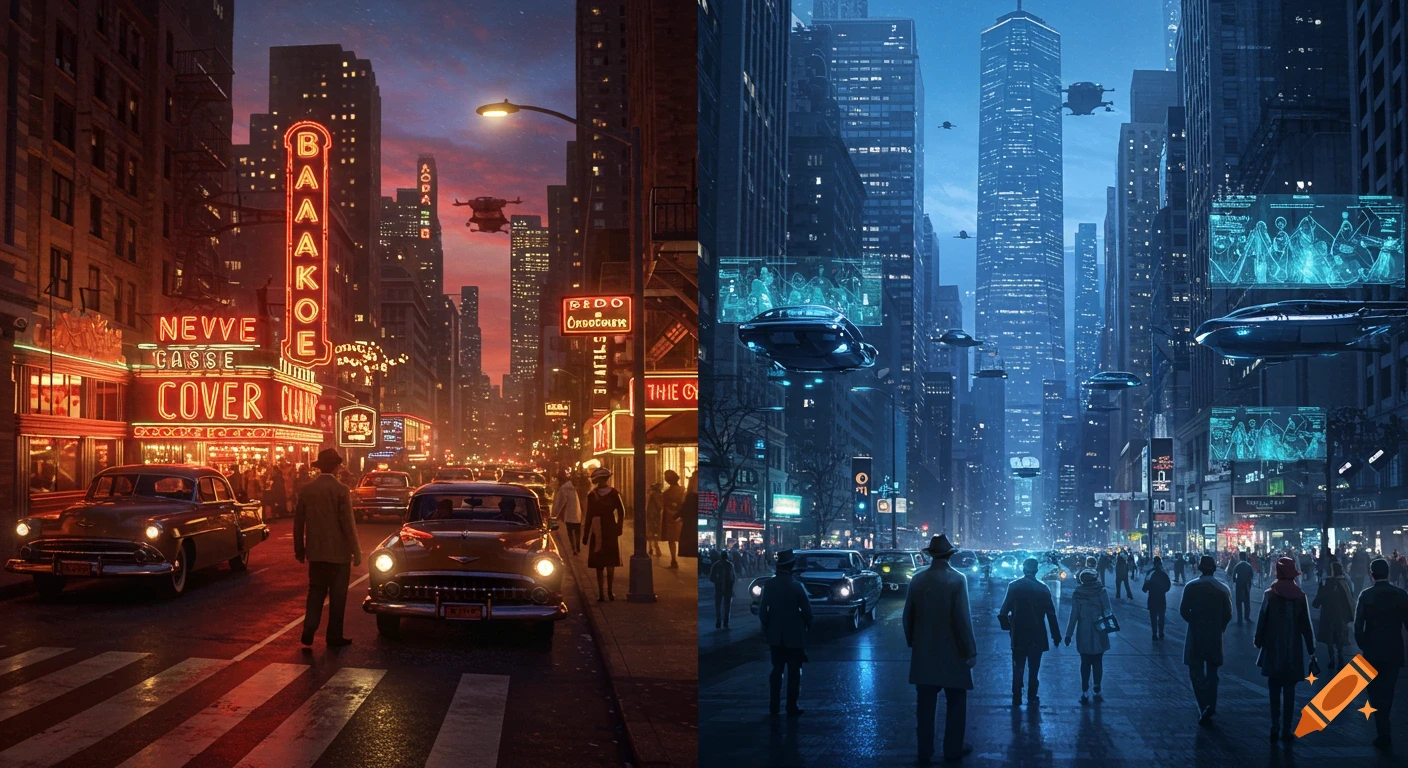 A split image depicting a bustling 1950s cityscape with classic cars and neon signs on the left, and a futuristic city with flying cars and holographic displays on the right.
