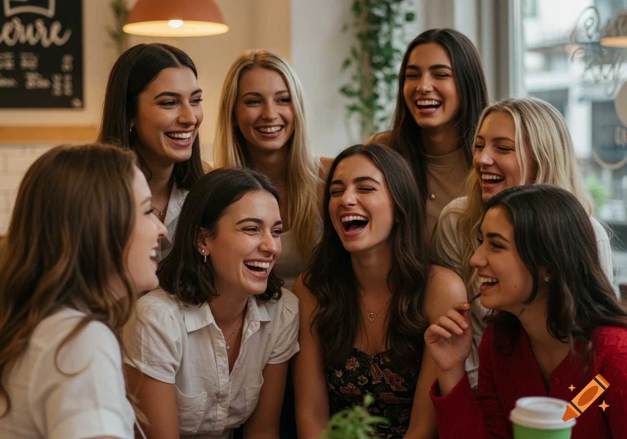 A group of young women laughing and socializing in a bright cafe.