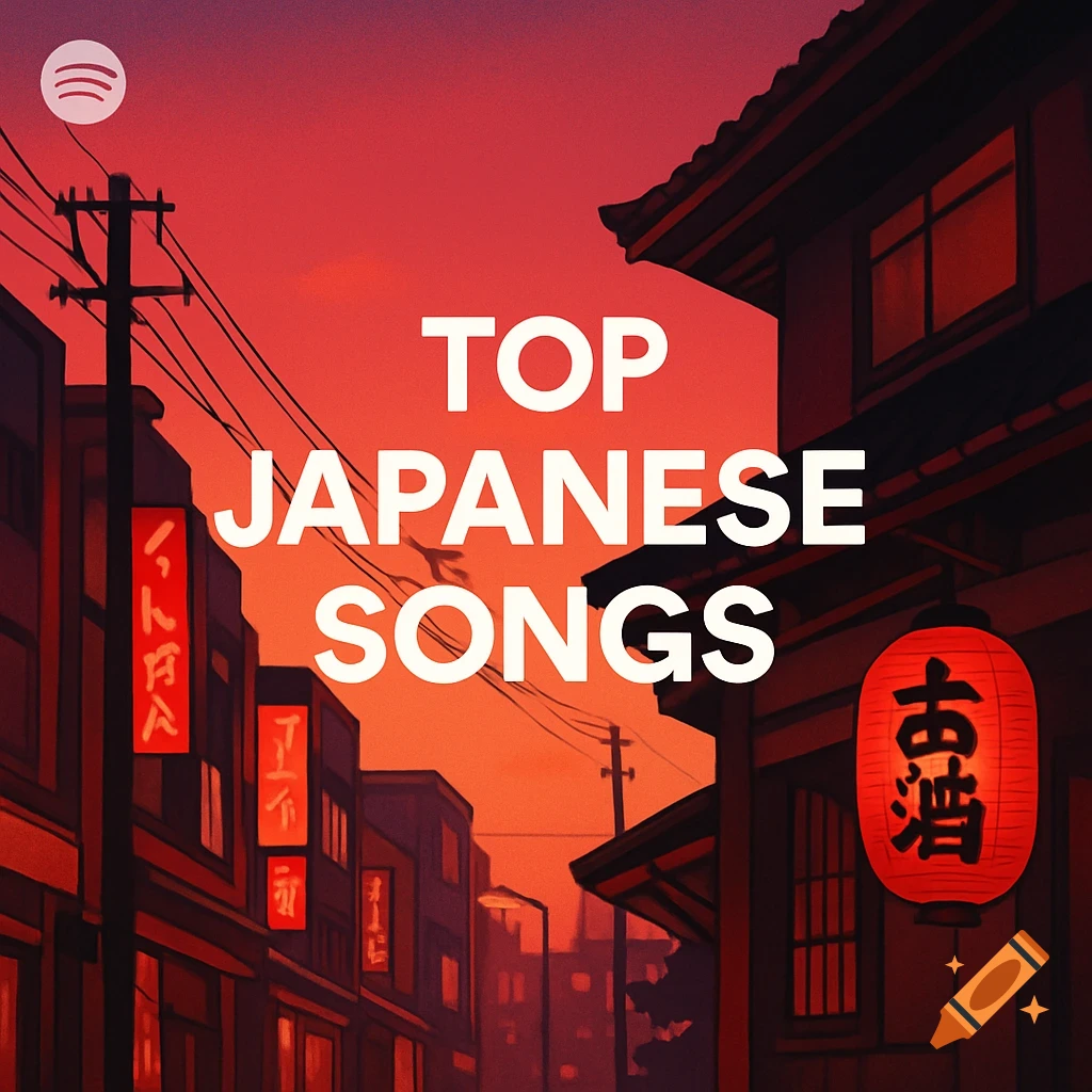 An illustration of a Japanese city street at sunset, with buildings and utility poles, and a red lantern. White text reads "TOP JAPANESE SONGS". A Spotify logo is in the top left corner.