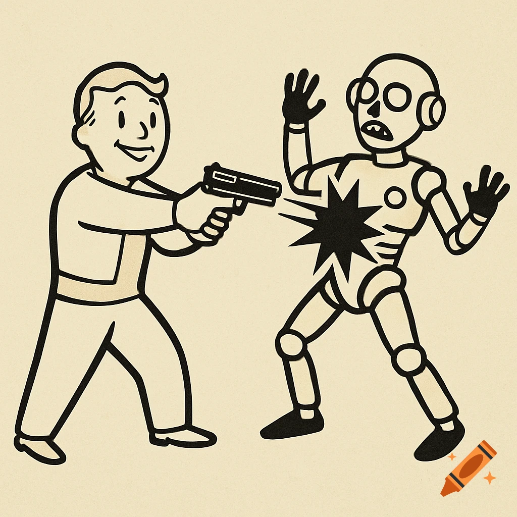 A cartoon man resembling Vault Boy shoots a robot in the chest, depicted in a retro-futuristic illustration style.