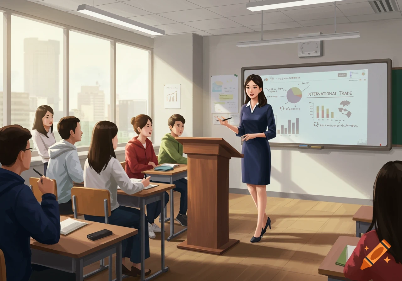 A female teacher lectures students in a bright classroom with a whiteboard showing charts and text.