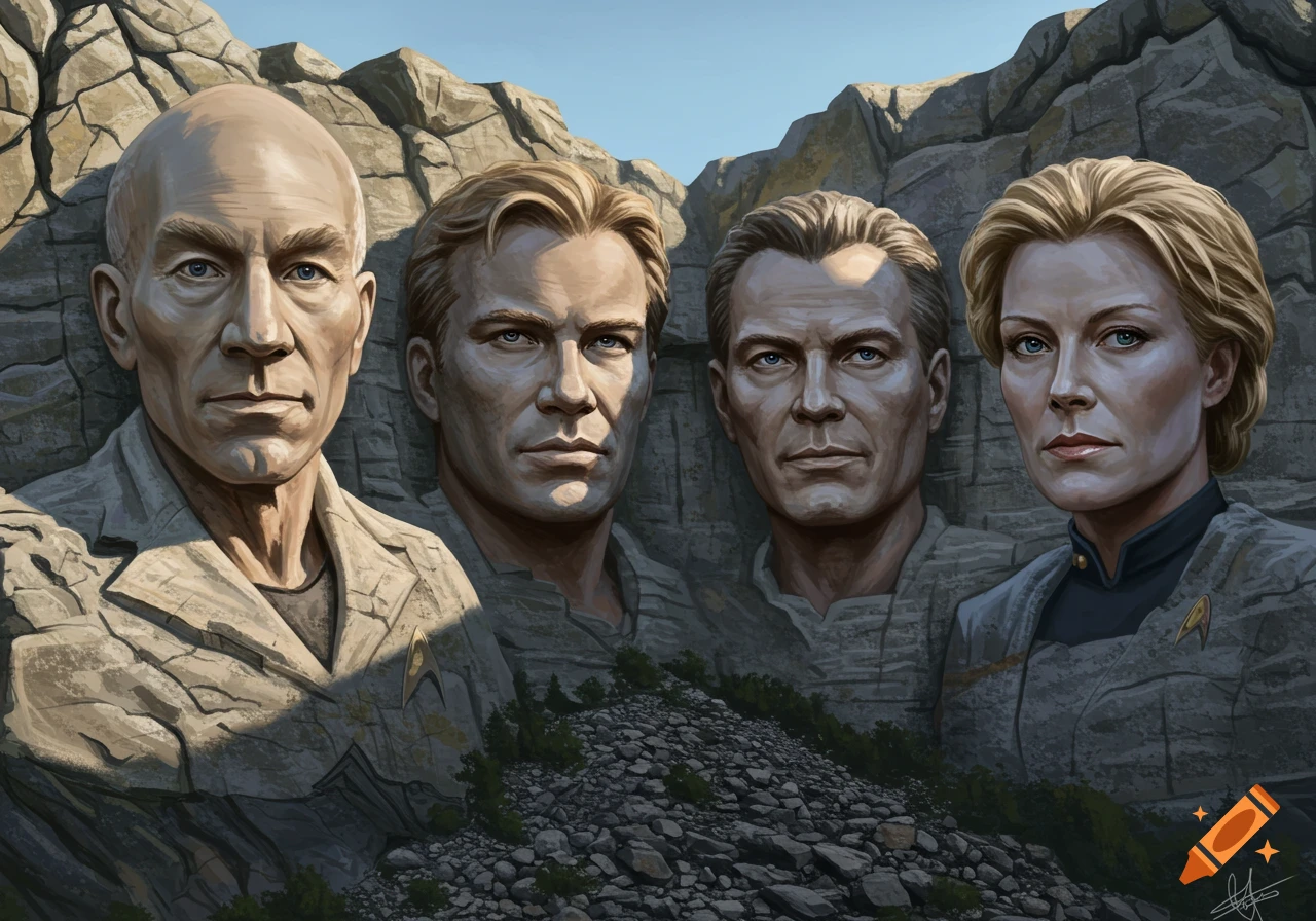 Mountain carving of four Star Trek captains: Picard, Kirk, Sisko, and Janeway.
