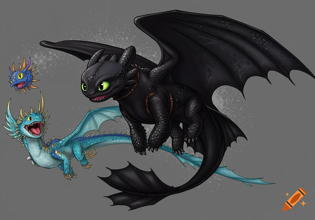 A cartoon illustration of Toothless the black dragon flying above a blue and yellow dragon and a small blue spiky creature on a gray background.
