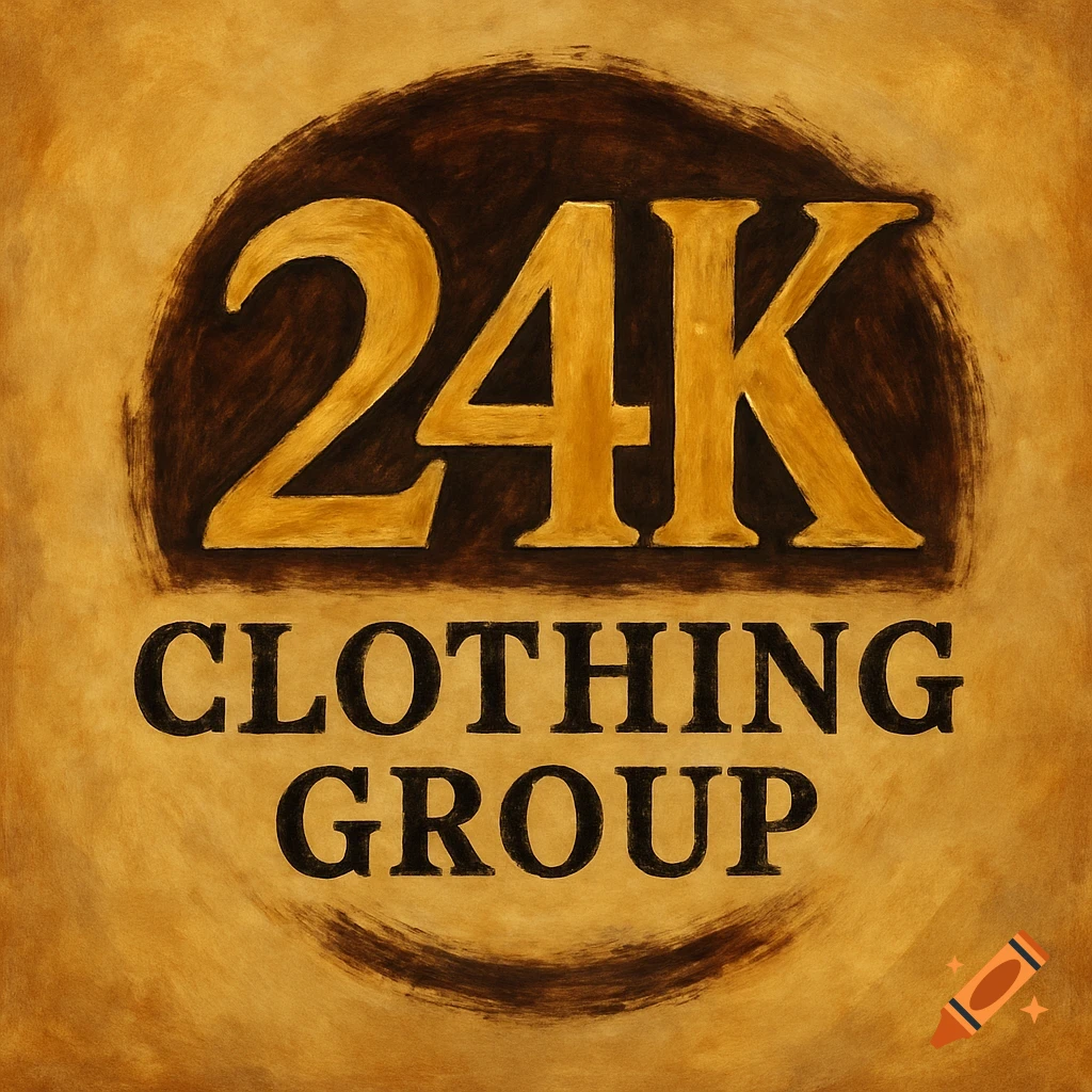A golden logo for 24K Clothing Group with a dark brown oval background, set against a textured gold background.