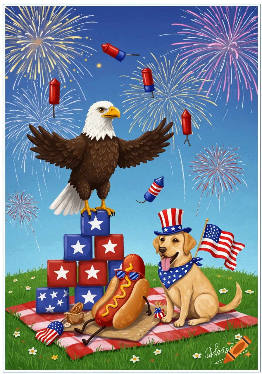 Cartoon illustration of a bald eagle, a dog in a patriotic hat, and a hot dog on a picnic blanket under fireworks.