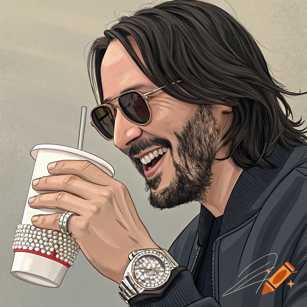 Cartoon illustration of Keanu Reeves smiling, wearing sunglasses, a diamond watch, and holding a bejeweled cup.