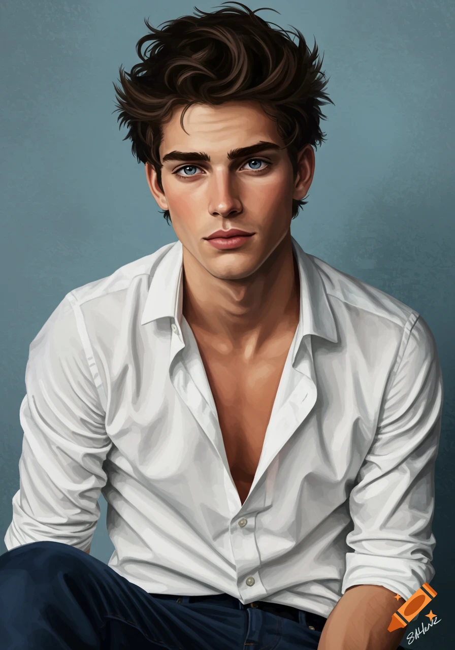 Digital portrait of a handsome young man with dark, messy hair and blue eyes, wearing an open white shirt.