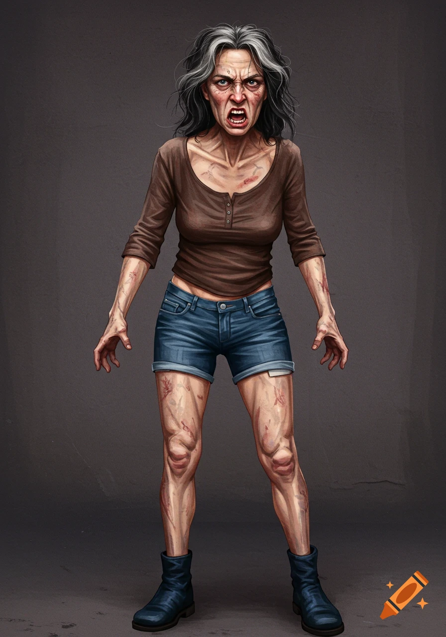 A rough-looking, skinny white woman with black and grey hair, an angry expression, wearing a brown long-sleeved shirt, denim shorts, and dark boots, with scratches on her skin.