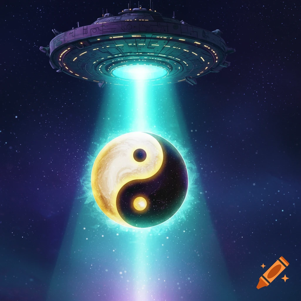 A UFO beams a glowing yin and yang symbol into space, surrounded by stars and cosmic light.