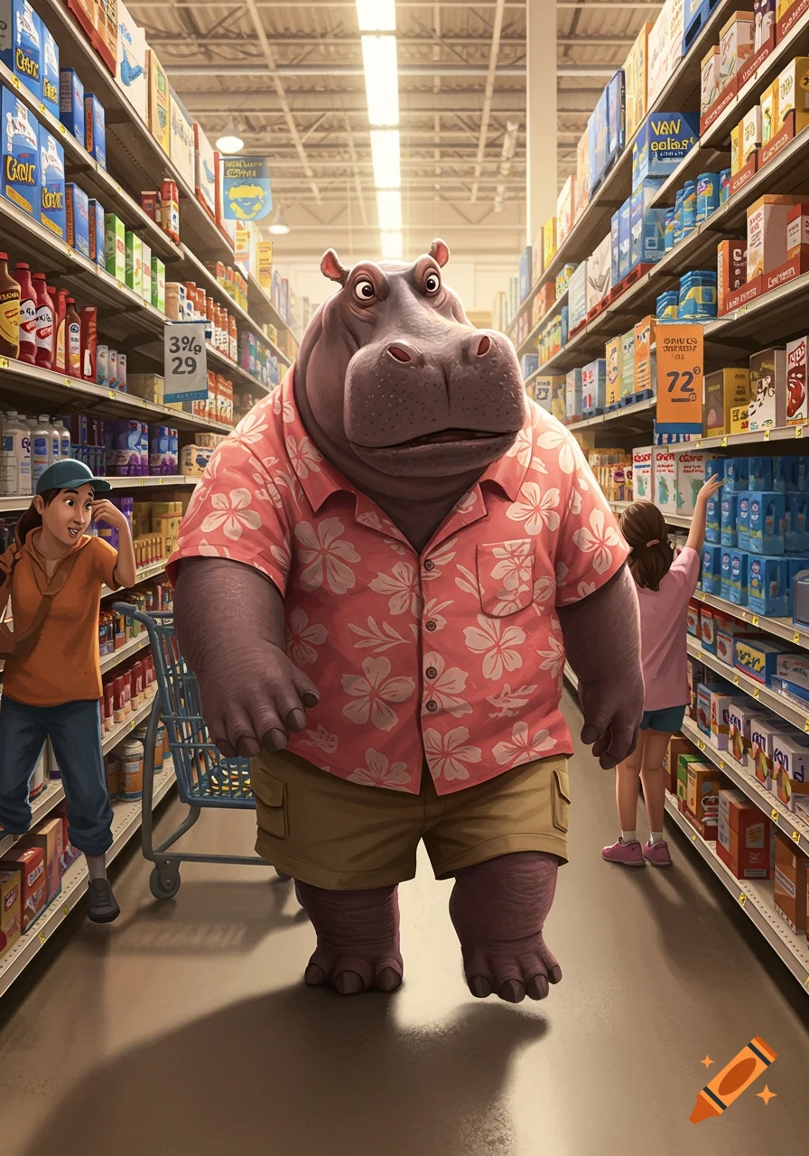 A cartoon hippo wearing a Hawaiian shirt and shorts walks through a busy supermarket aisle, passing shoppers and shelves of products.