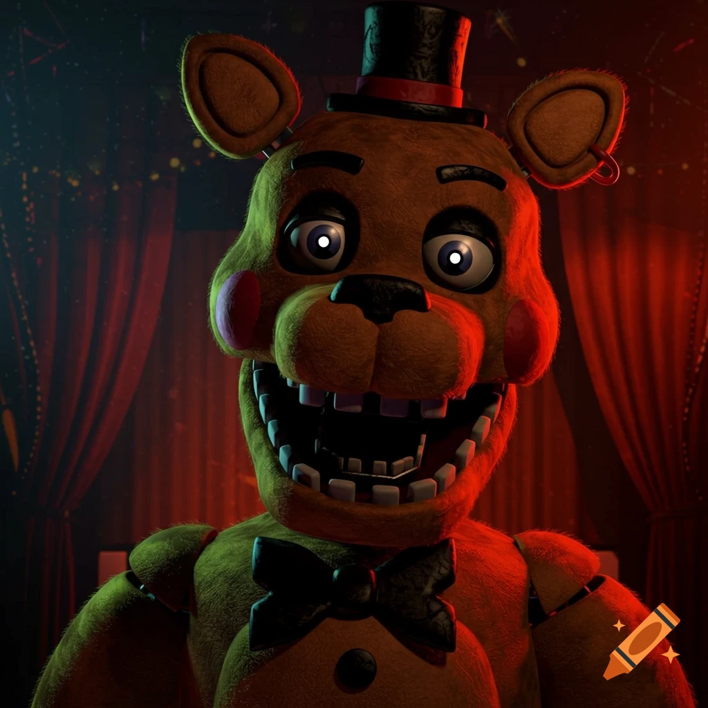 Close-up of a brown animatronic bear with a top hat, bowtie, and glowing eyes, against a dark red curtain background.
