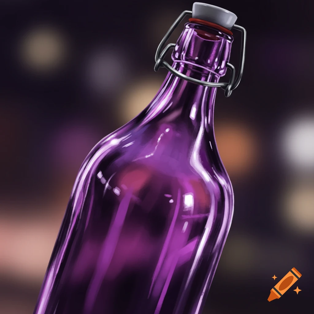 A shiny purple glass bottle with a swing-top lid, against a blurred dark background.