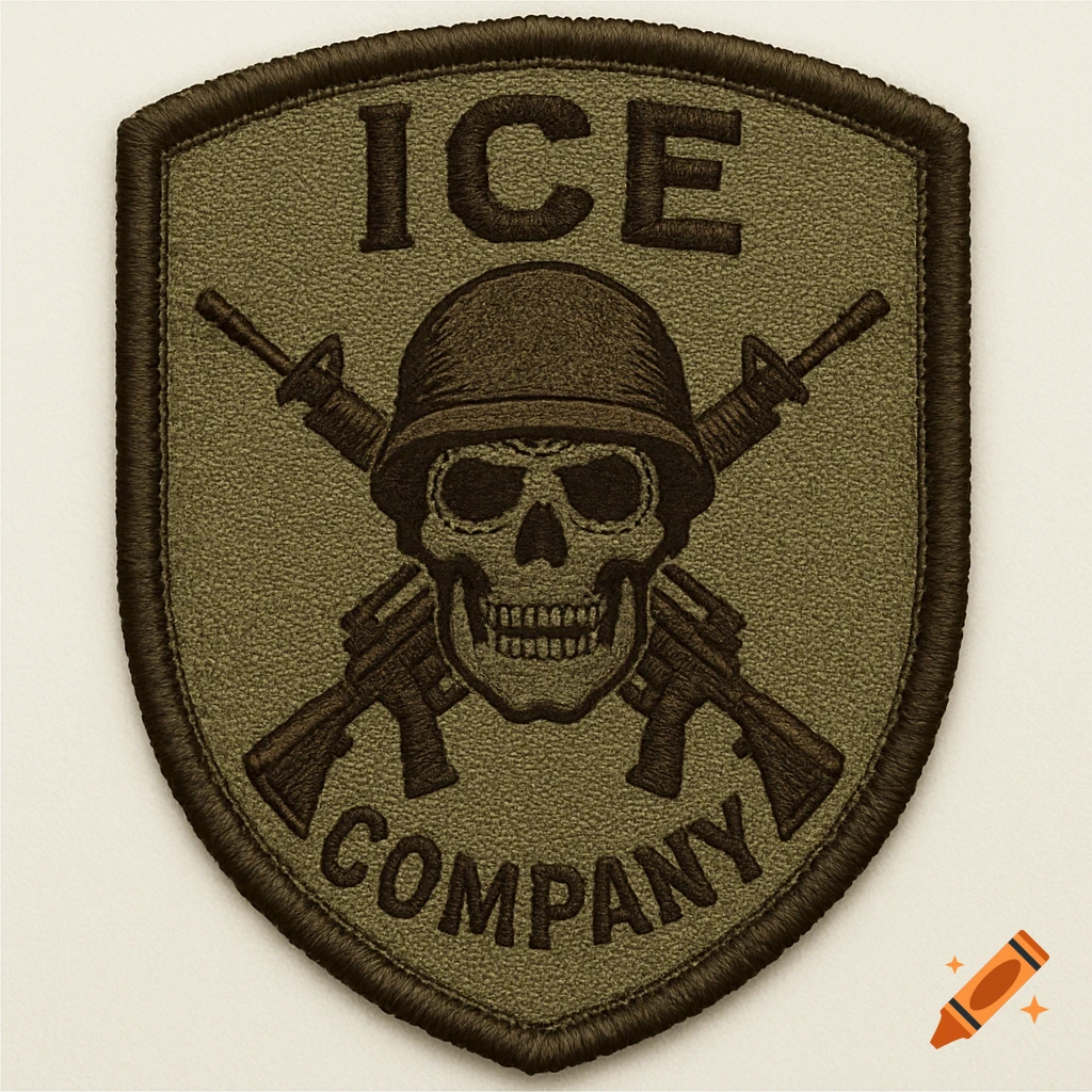 An olive green embroidered military patch featuring a skull in a helmet, crossed rifles, and the text "ICE COMPANY".
