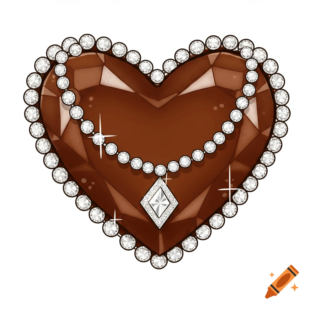 A stylized brown heart-shaped gem or chocolate, outlined with small white diamonds, featuring a diamond necklace with a pendant.