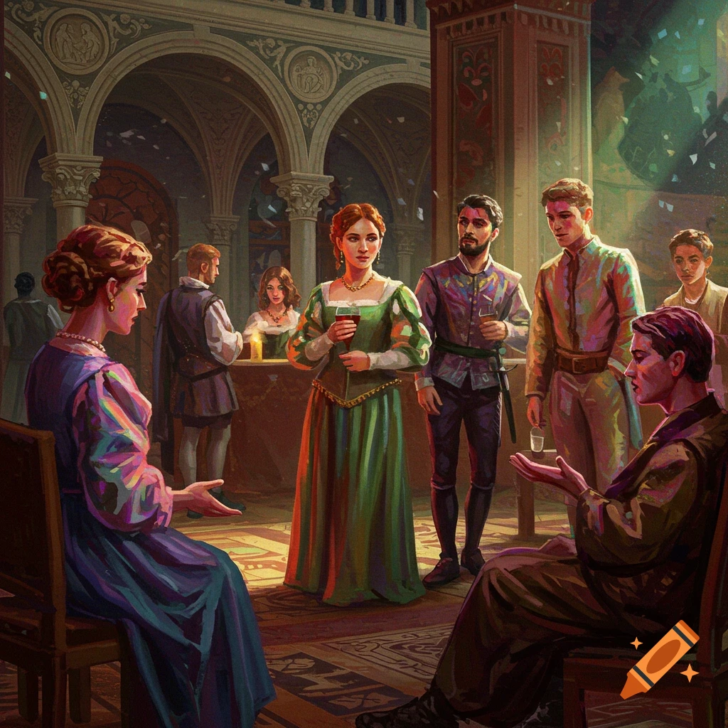 Painting of people in Renaissance-style attire socializing in a grand hall with arches and ornate decorations.