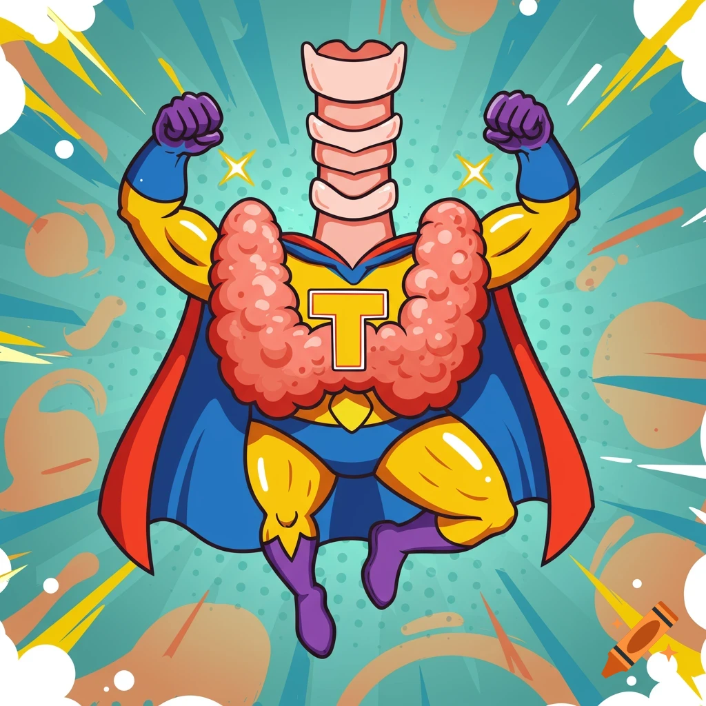 A cartoon superhero resembling a thyroid gland, flexing muscles while wearing a blue, yellow, and red suit with a 'T' on the chest.
