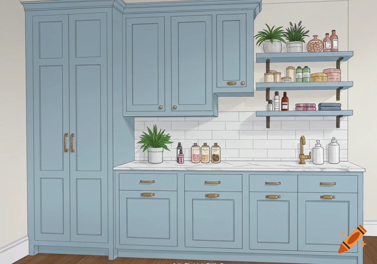 A soft baby blue Craftsman-inspired dry bar featuring shaker-style cabinetry, brass hardware, a white quartz countertop, and open shelving with various bottles and plants.