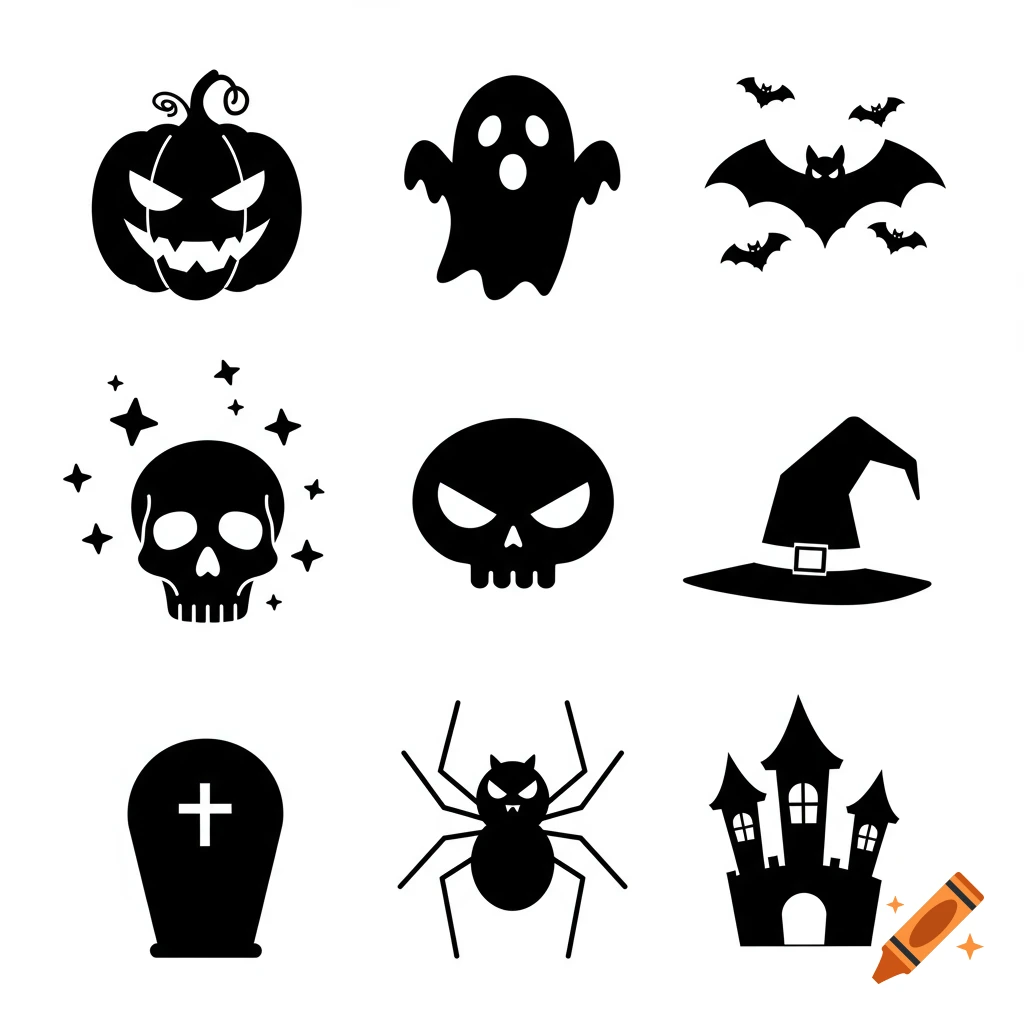 Black Halloween vector icons on white, featuring a pumpkin, ghost, bats, skulls, witch hat, tombstone, spider, and haunted house.