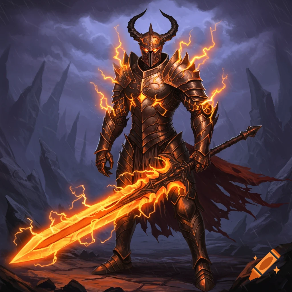 A powerful knight in dark, horned armor stands with a glowing orange lightning sword amidst a stormy, rocky landscape.