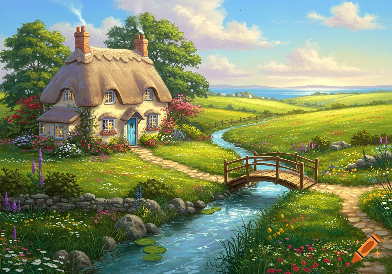 A vibrant illustration of a thatched cottage by a stream, winding through green fields to the sea under a bright sky.