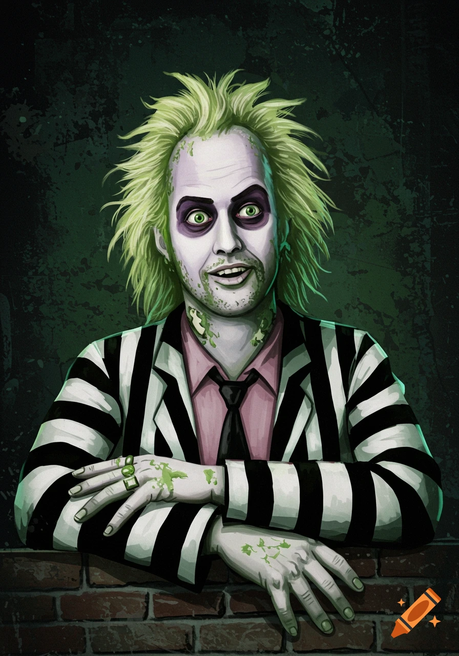 Stylized portrait of Beetlejuice with pale skin, green hair, and striped suit, leaning on a brick wall.