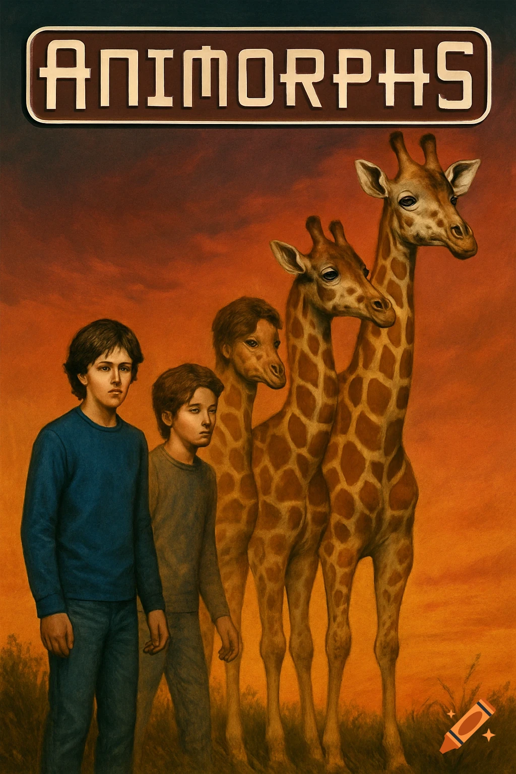 A teenage boy transforming into a giraffe in stages, set against an orange sky, with 'ANIMORPHS' title.