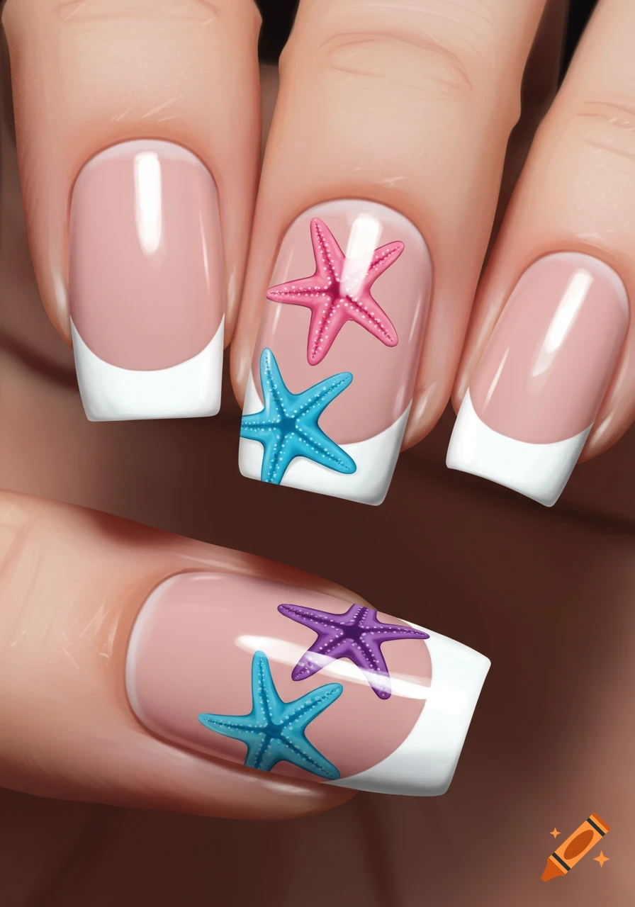Close-up of French tip nails decorated with pink, blue, and purple starfish.