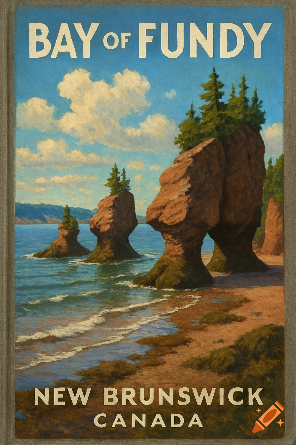 Vintage travel poster of the Bay of Fundy, New Brunswick, Canada, featuring the distinctive Hopewell Rocks on a sunny day.