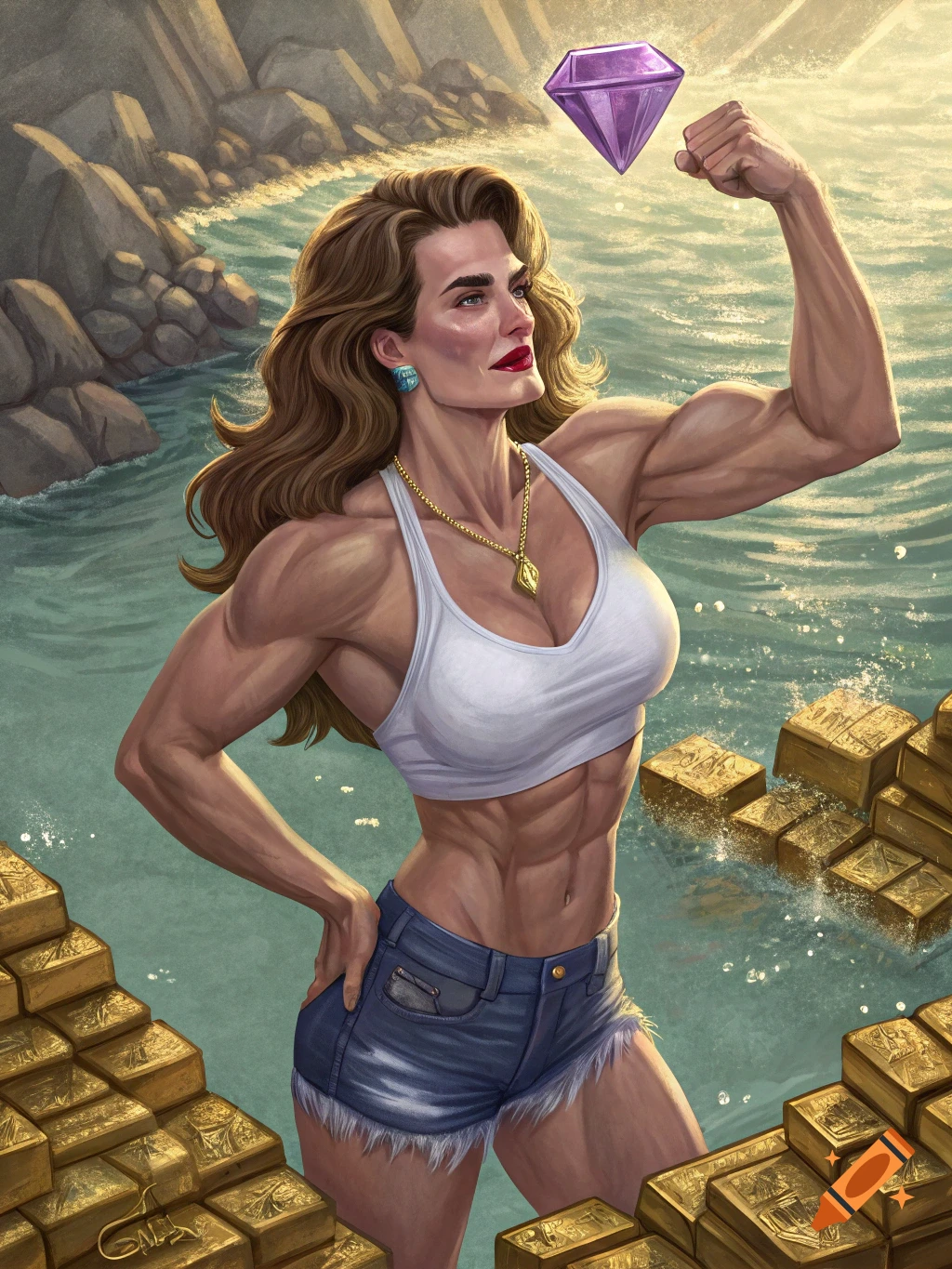 Muscular woman flexing by a lagoon filled with gold bars, holding a purple diamond. She has long brown hair and wears a white sports bra and jean shorts.