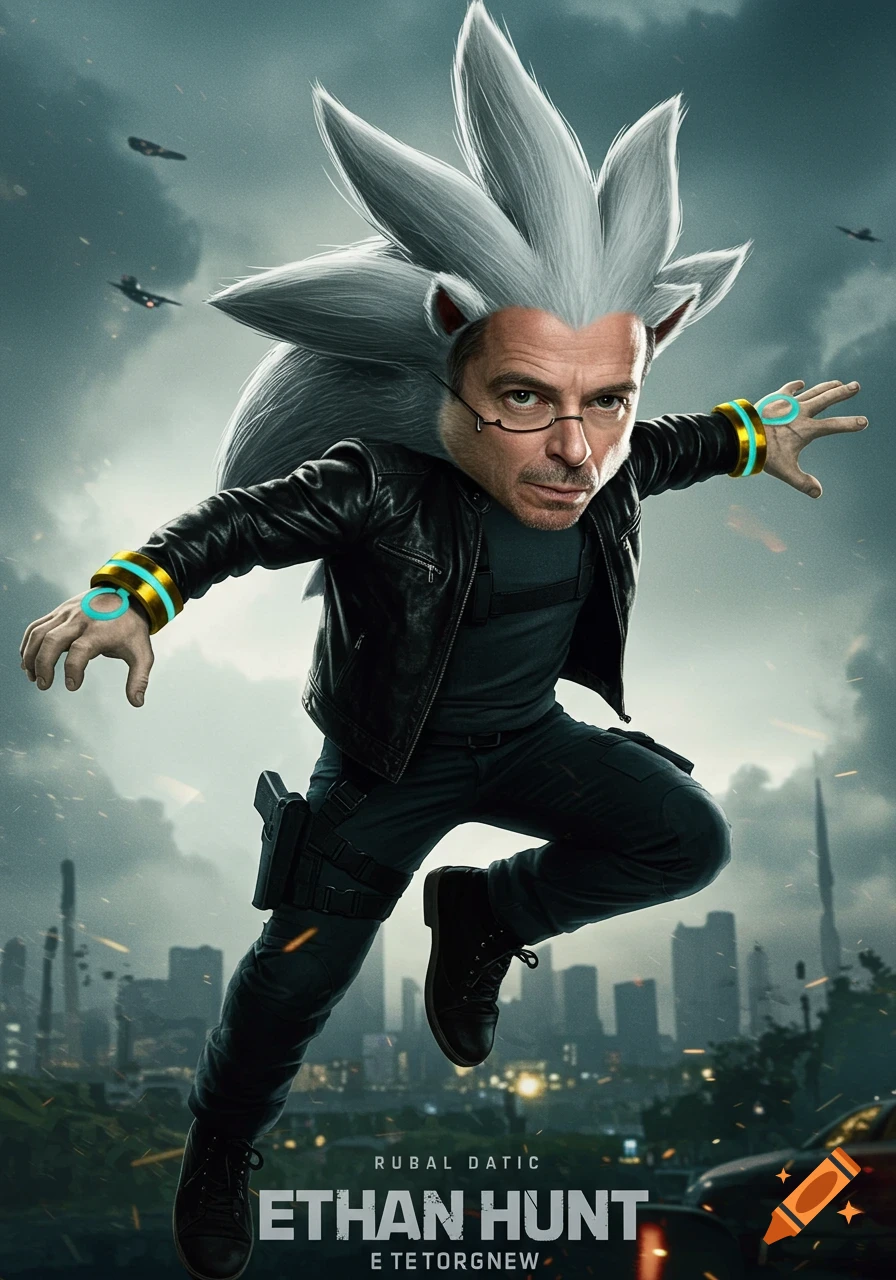 A photorealistic image of Silver the Hedgehog's head on Ethan Hunt's body, dressed in a black leather jacket and tactical pants, jumping in an action pose against a city skyline background, in the style of a movie poster.