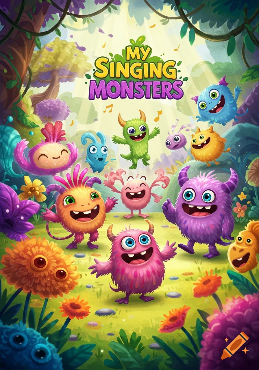 Vibrant illustration of happy, colorful cartoon monsters in a lush fantasy forest with musical notes. Title 'My Singing Monsters'.