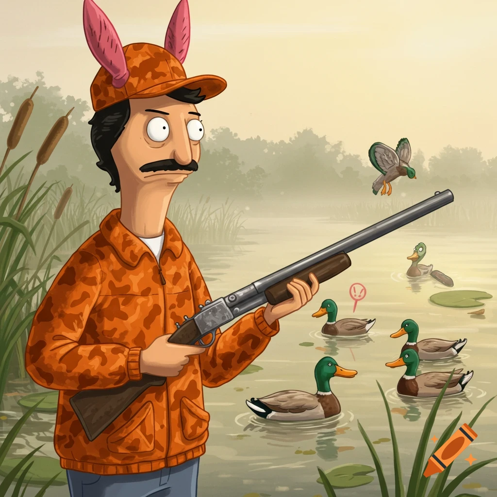 Cartoon Bob Belcher in a camo jacket and bunny ears holds a shotgun, duck hunting in a misty marsh.