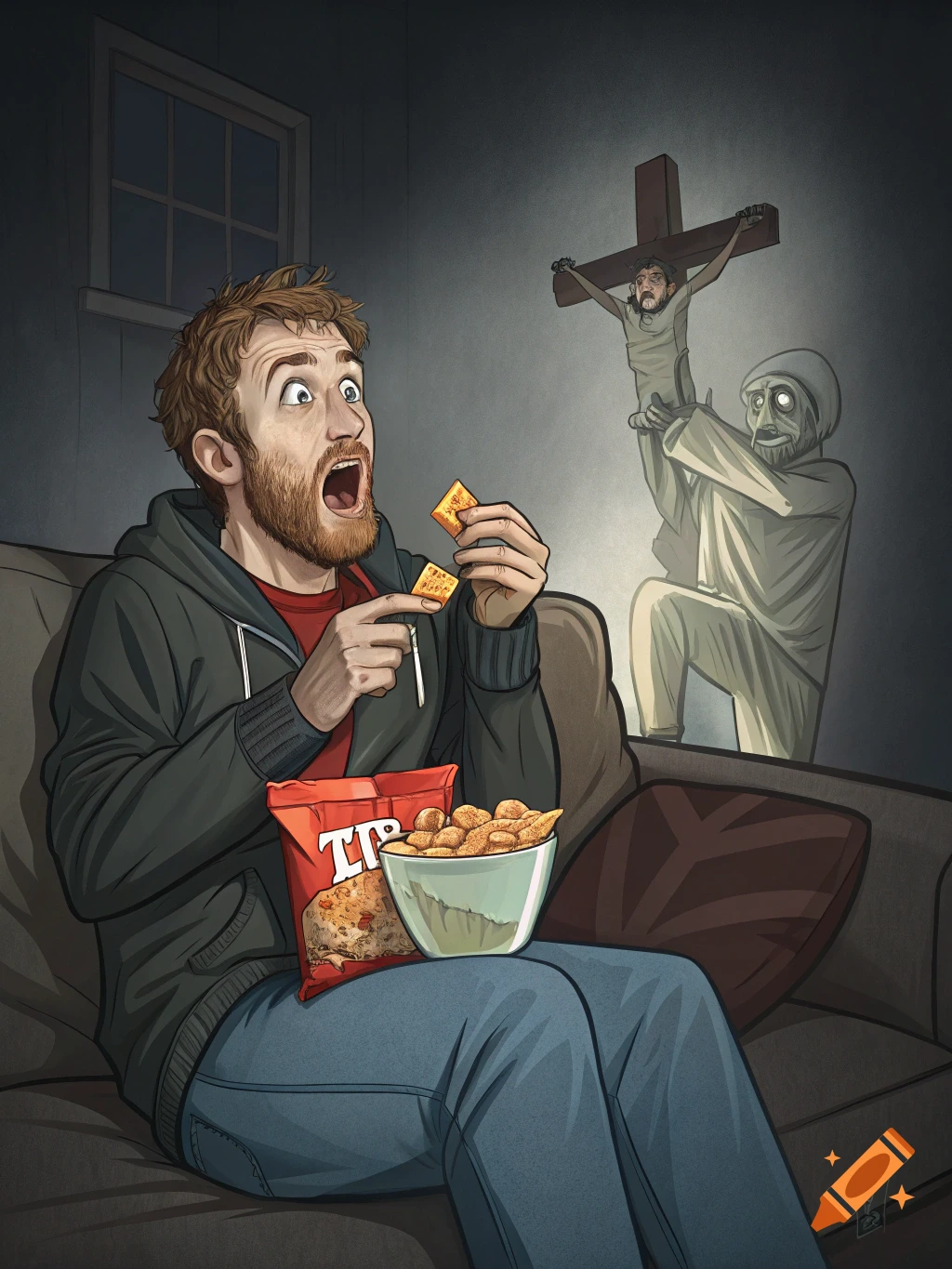 A man on a couch, holding crackers, looks terrified as a ghostly figure lifts a cross with Jesus behind him. Cartoon style.