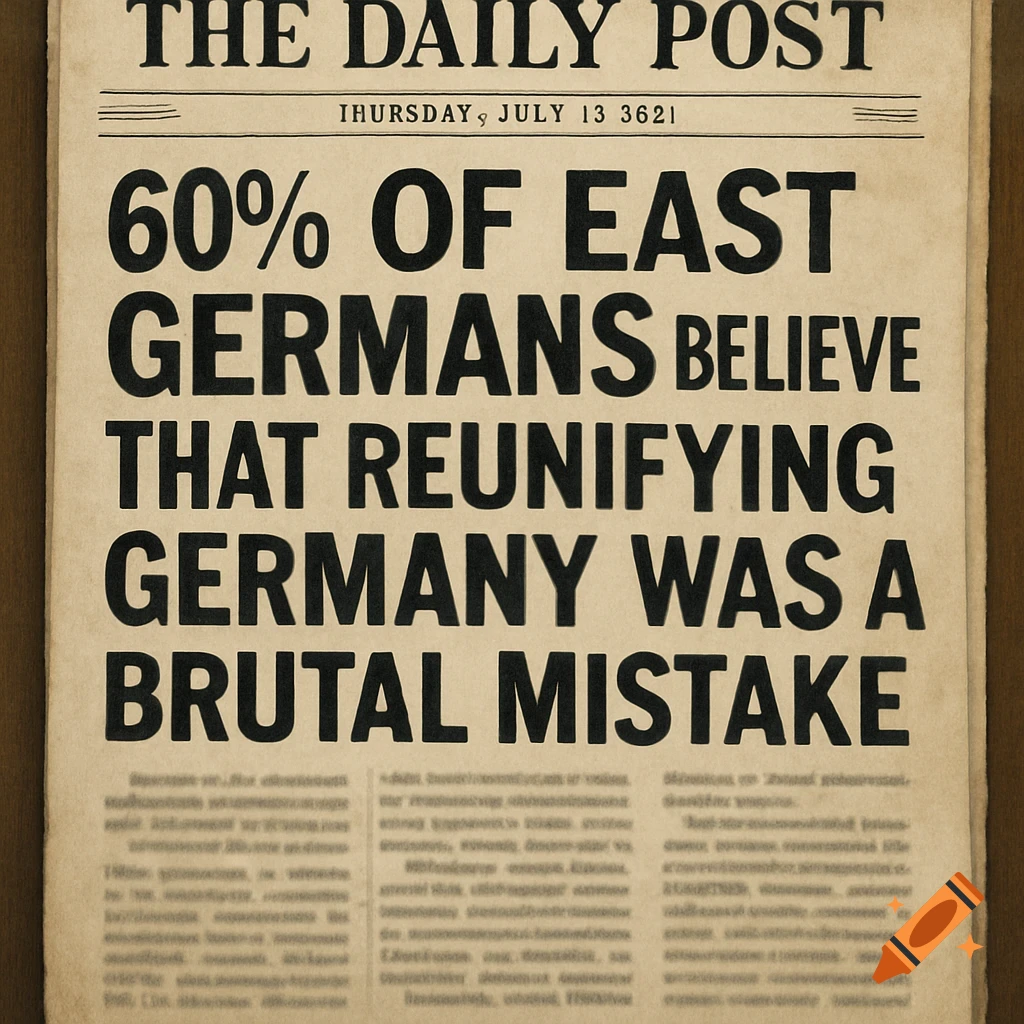 A close-up of an old-style newspaper with the headline '60% OF EAST GERMANS BELIEVE THAT REUNIFYING GERMANY WAS A BRUTAL MISTAKE' and a date below.