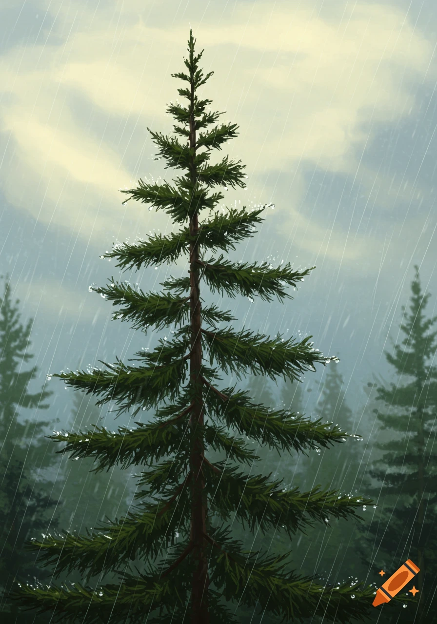 A tall pine tree stands in a forest, heavily covered in clear raindrops during a rain shower. Other trees are blurred in the background.
