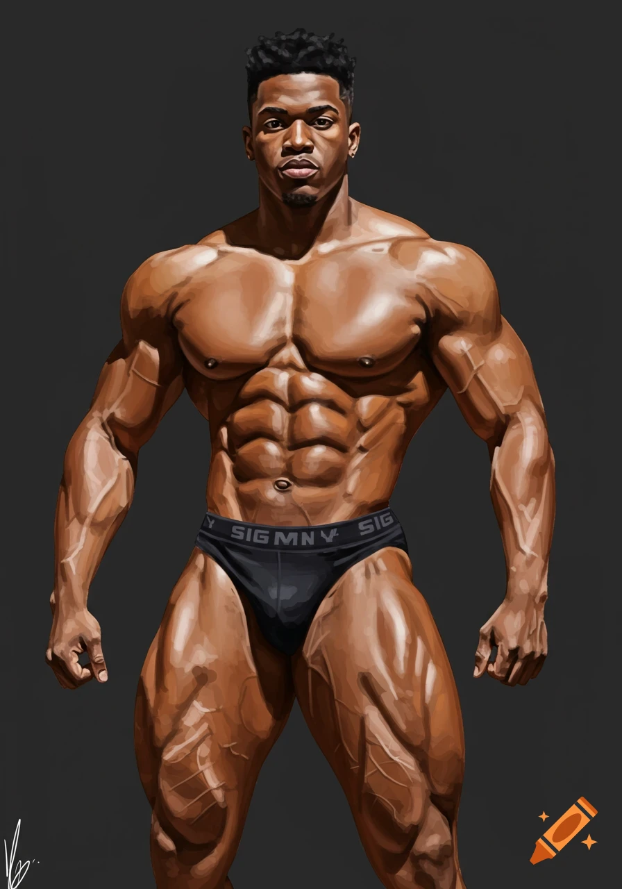 Painting of a very muscular Black man posing in black underwear against a dark background.