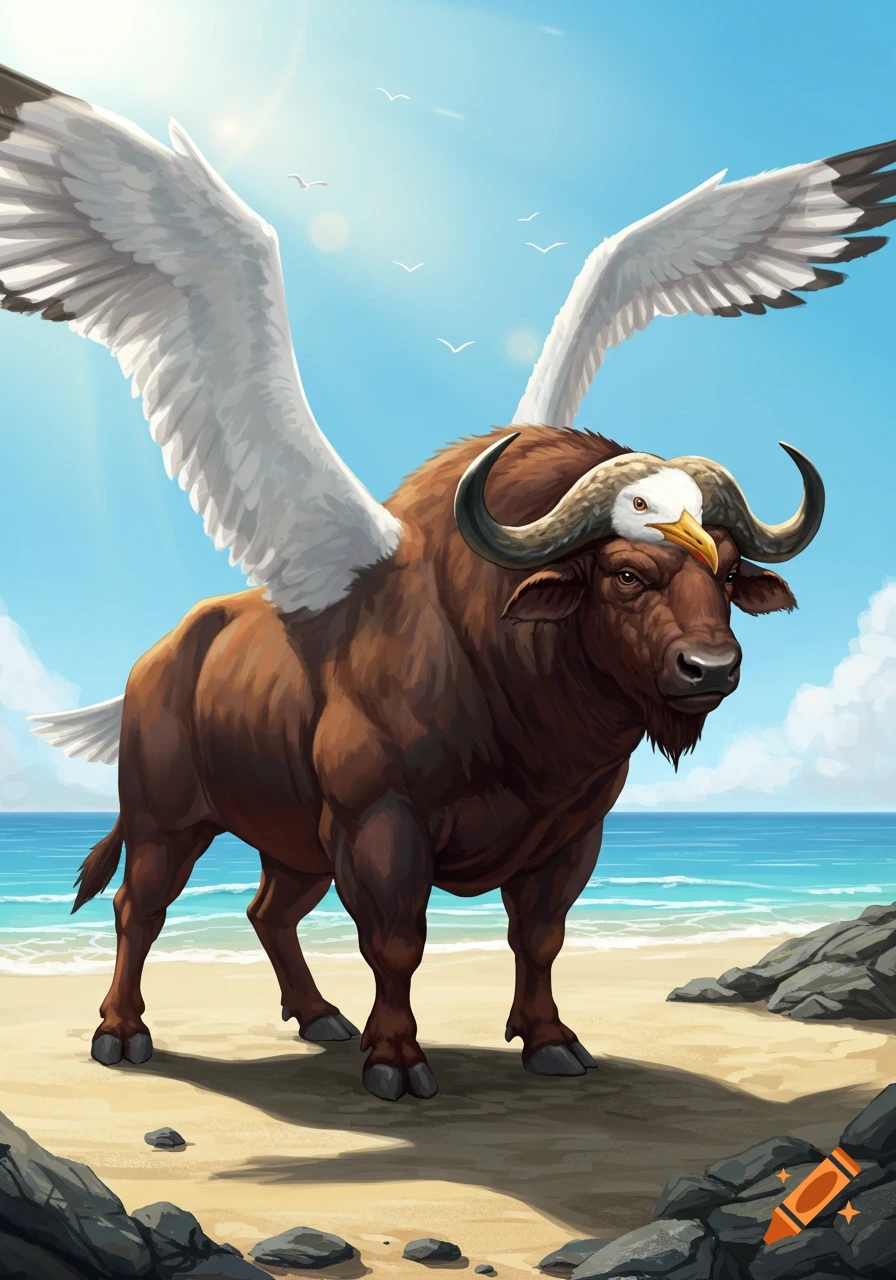 A bull buffalo with large white wings and a seagull's head stands on a sandy beach by the ocean under a blue sky.