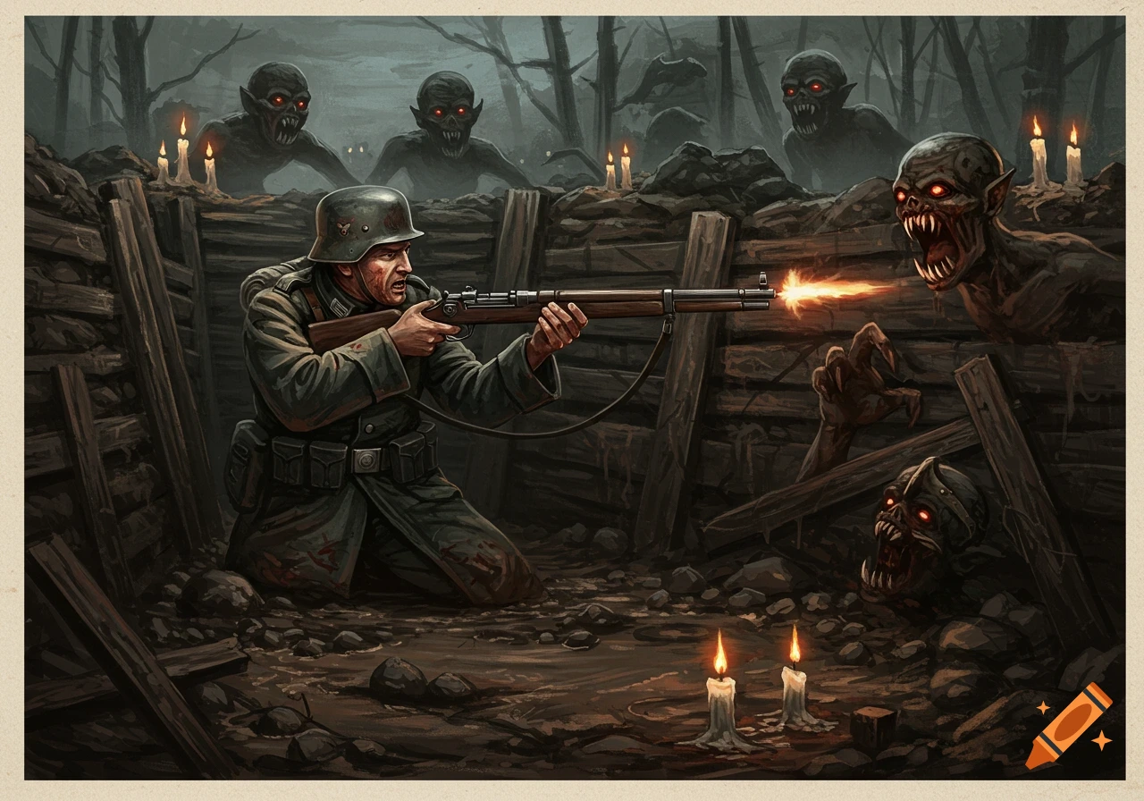 A determined WW1 German soldier in a dark trench shoots his rifle at a horde of glowing-eyed demons.
