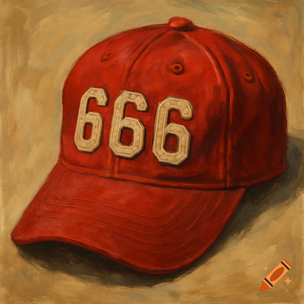 A red baseball cap with the numbers 666 embroidered on the front, in a painterly style.
