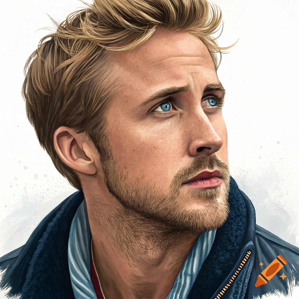 Digital illustration of actor Ryan Gosling with blonde hair, blue eyes, and a beard, looking up in a blue jacket.