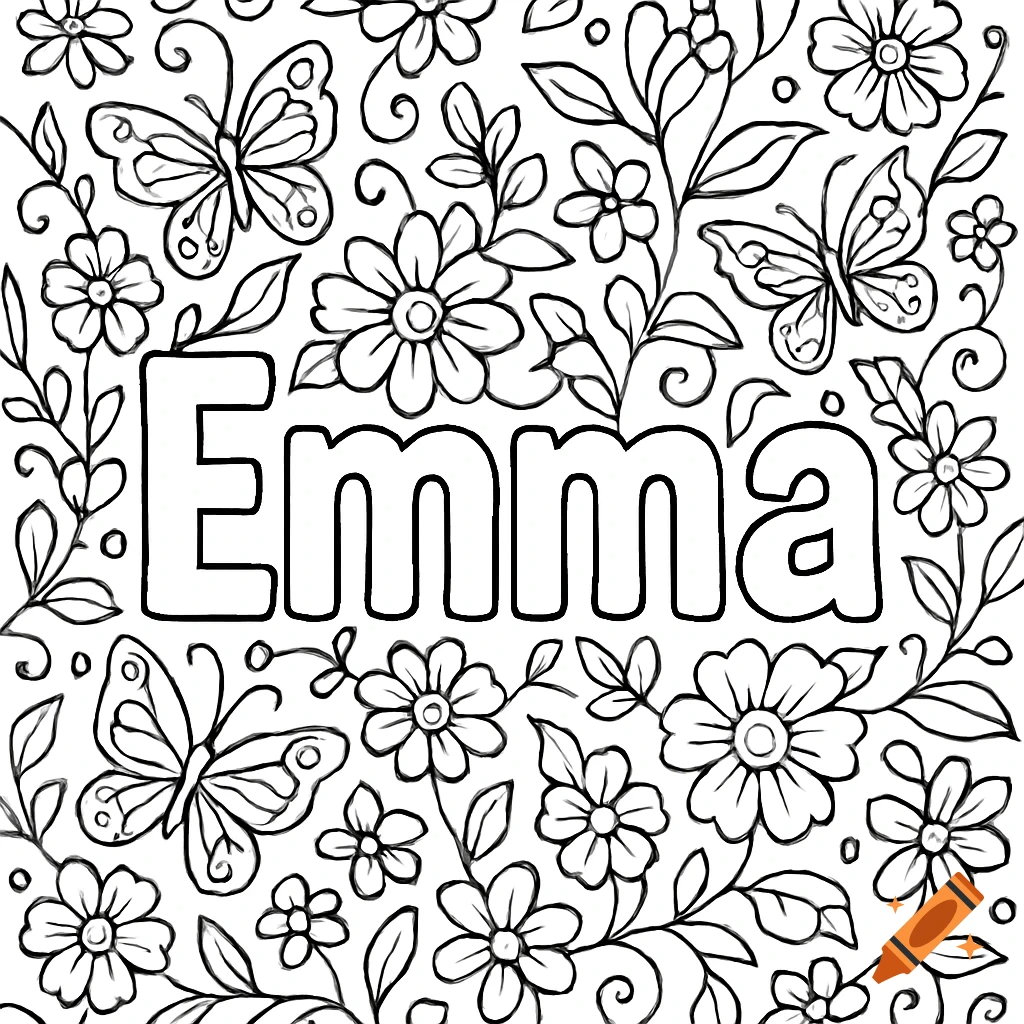 Black and white coloring page featuring the name 'Emma' surrounded by detailed outlines of flowers, vines, and butterflies.