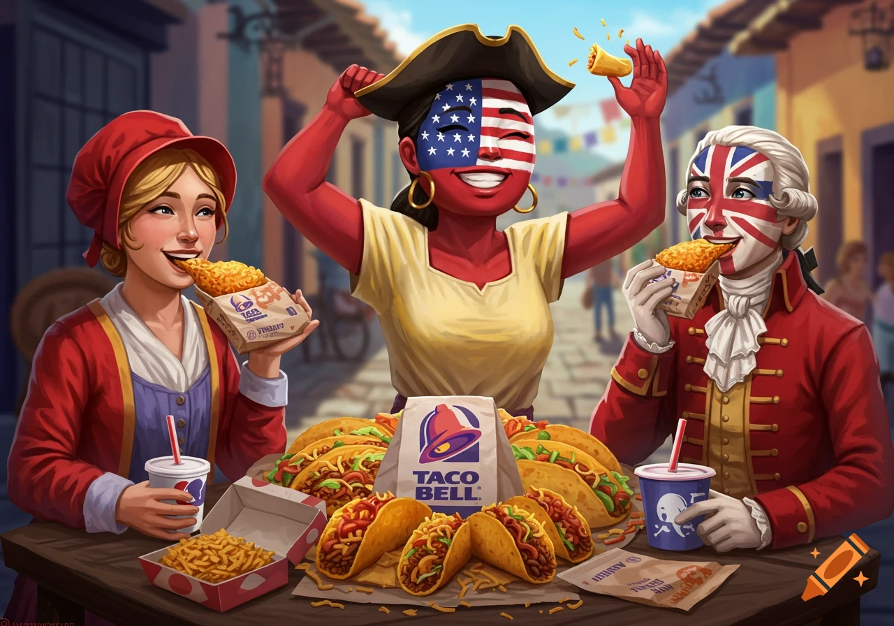 Three stylized figures, personifications of the USA, France, and England, dressed in historical attire with flag face paint, happily eating Taco Bell food at a table outdoors.