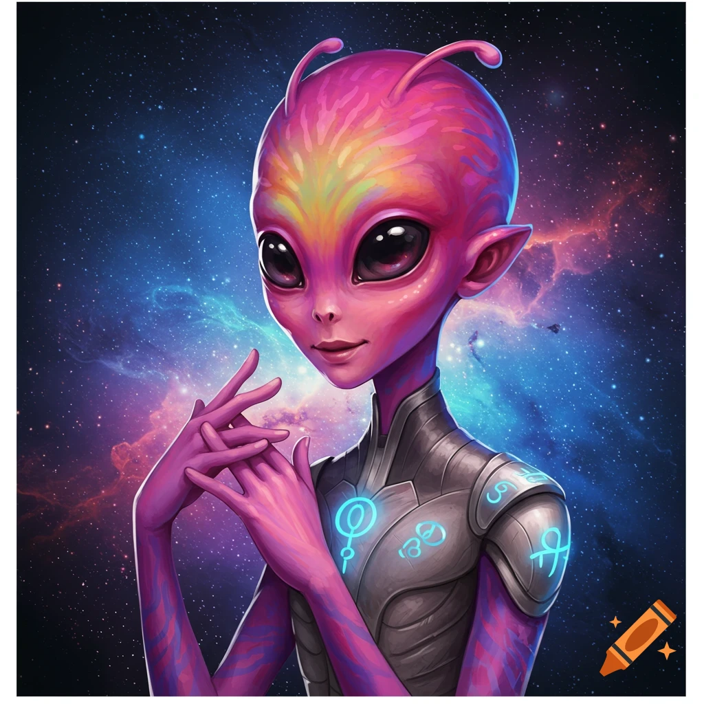 A vibrant pink alien with large dark eyes, antennae, and glowing blue symbols on metallic armor, set against a starry galaxy.