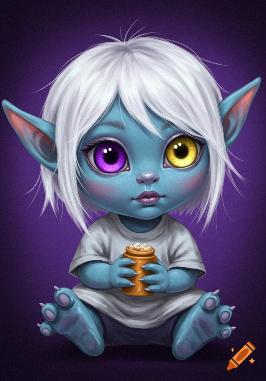 A cute, blue-skinned, white-haired baby creature with purple and yellow eyes, holding a jar of popcorn against a purple background.